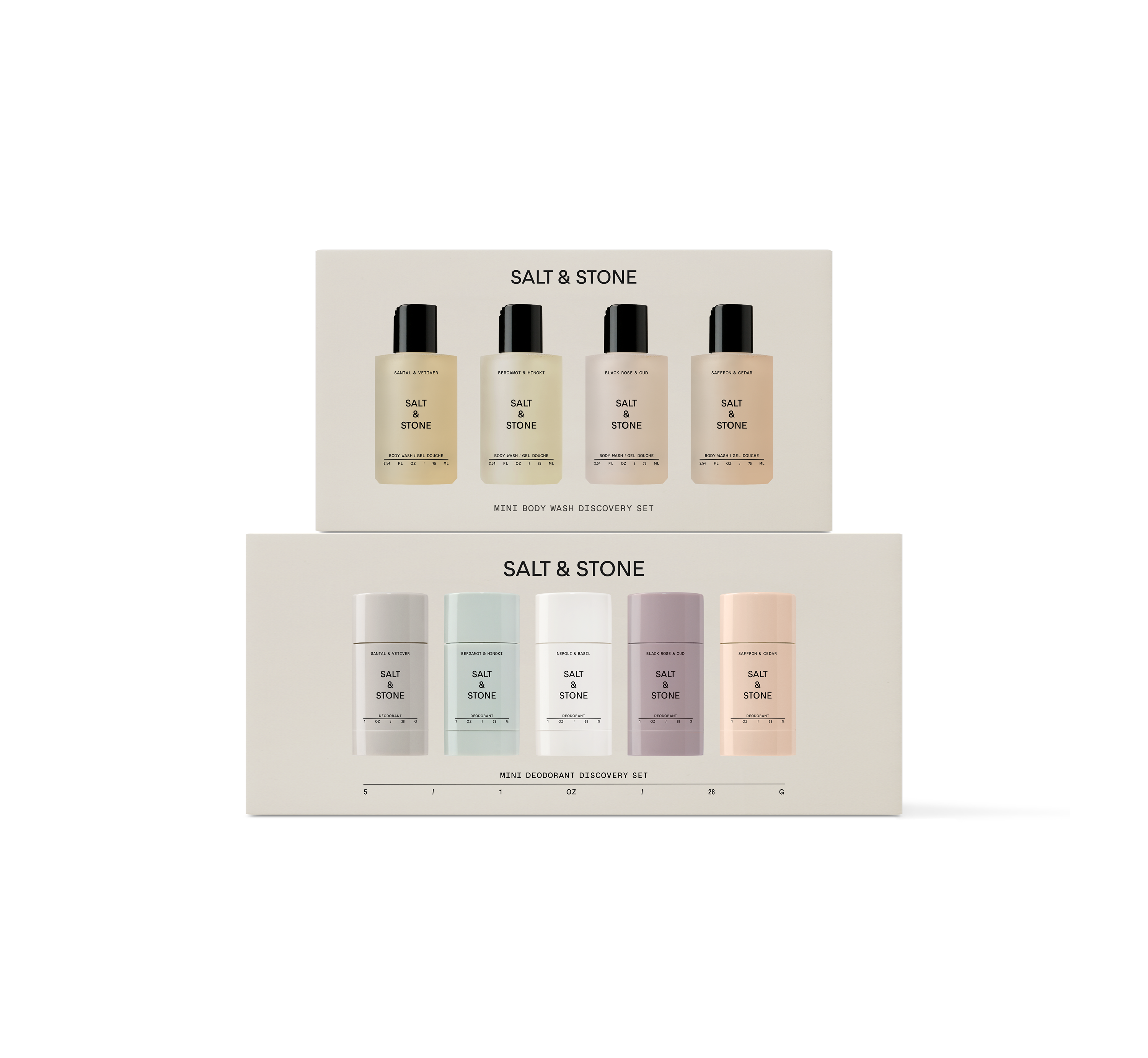 Salt & Stone's Discovery Duo - the Mini Body Wash Discovery Set & the aluminum-free Mini Deodorant Discovery Set