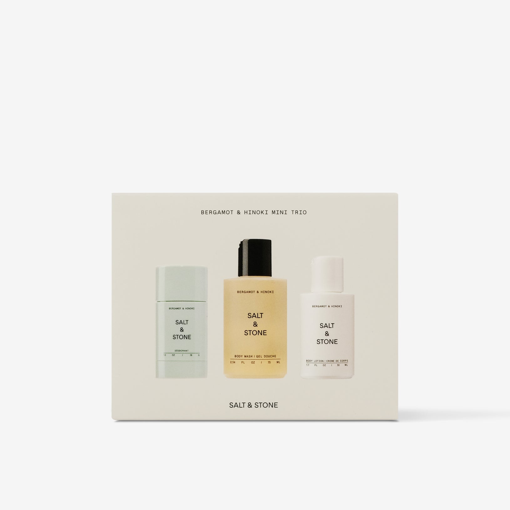 Salt & Stone's travel-sized Bergamot & Hinoki Mini Trio Set, including aluminum-free deodorant, body wash & body lotion
