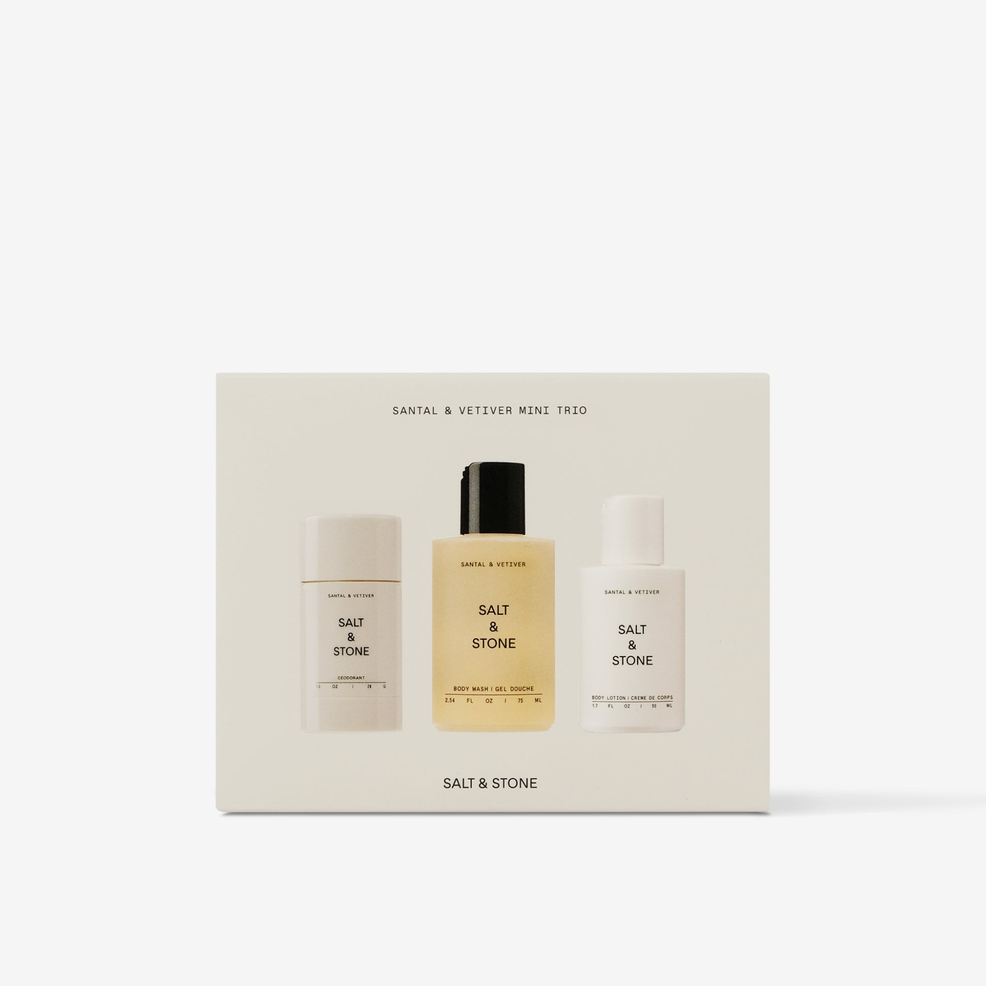 Salt & Stone's travel-sized Santal & Vetiver Mini Trio Set with aluminum-free deodorant, body wash & body lotion.