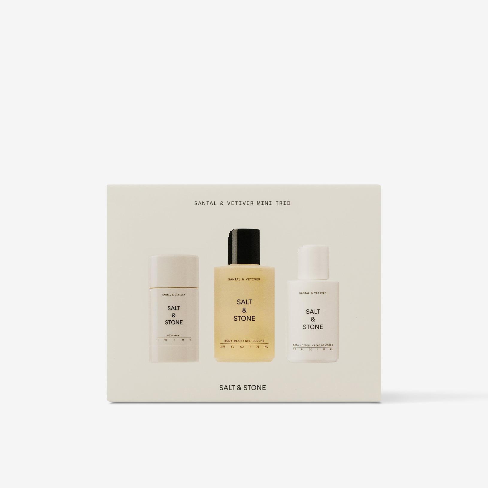 Salt & Stone's travel-sized Santal & Vetiver Mini Trio Set with aluminum-free deodorant, body wash & body lotion.