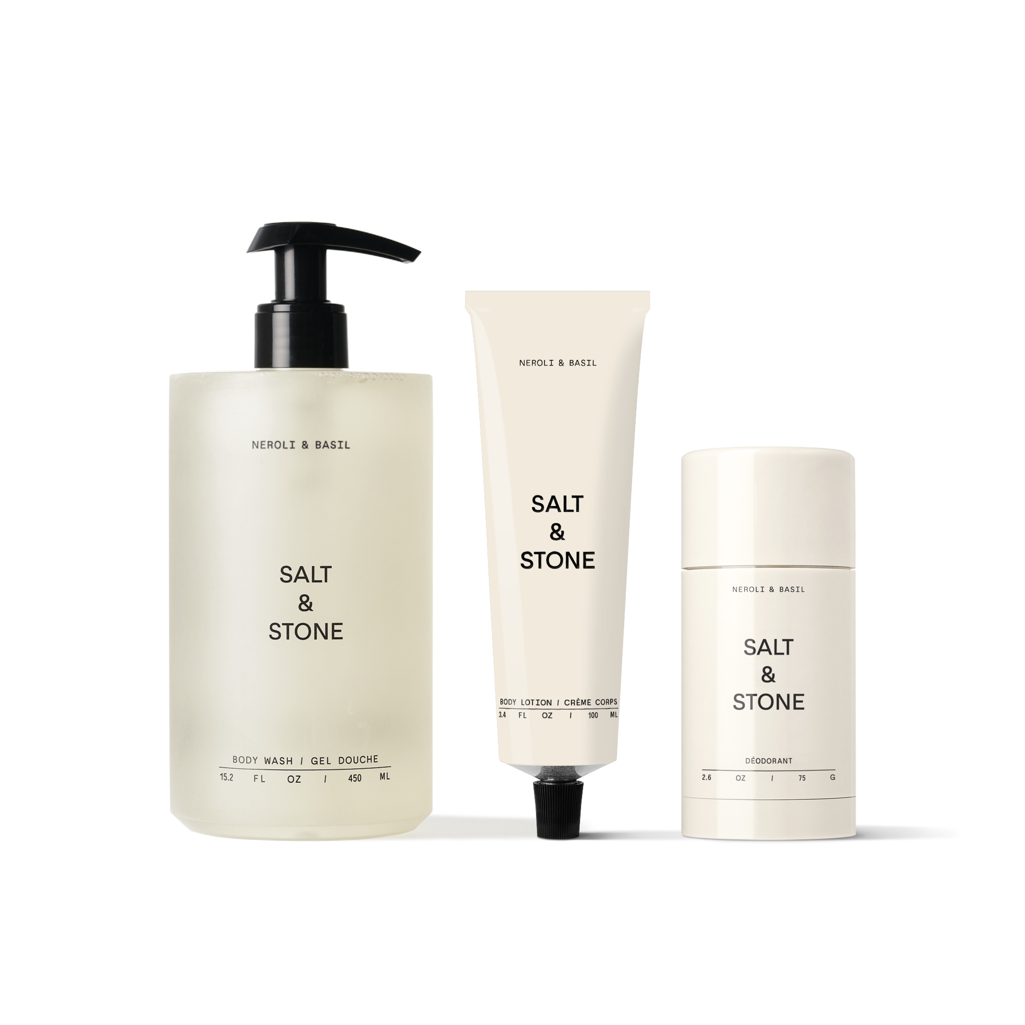 Salt & Stone's Neroli & Basil Set, including Body Wash, Body Lotion & Aluminum-Free Deodorant.