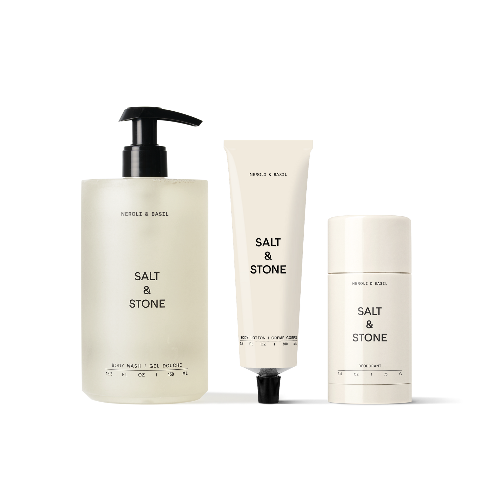 Salt & Stone's Neroli & Basil Set, including Body Wash, Body Lotion & Aluminum-Free Deodorant.