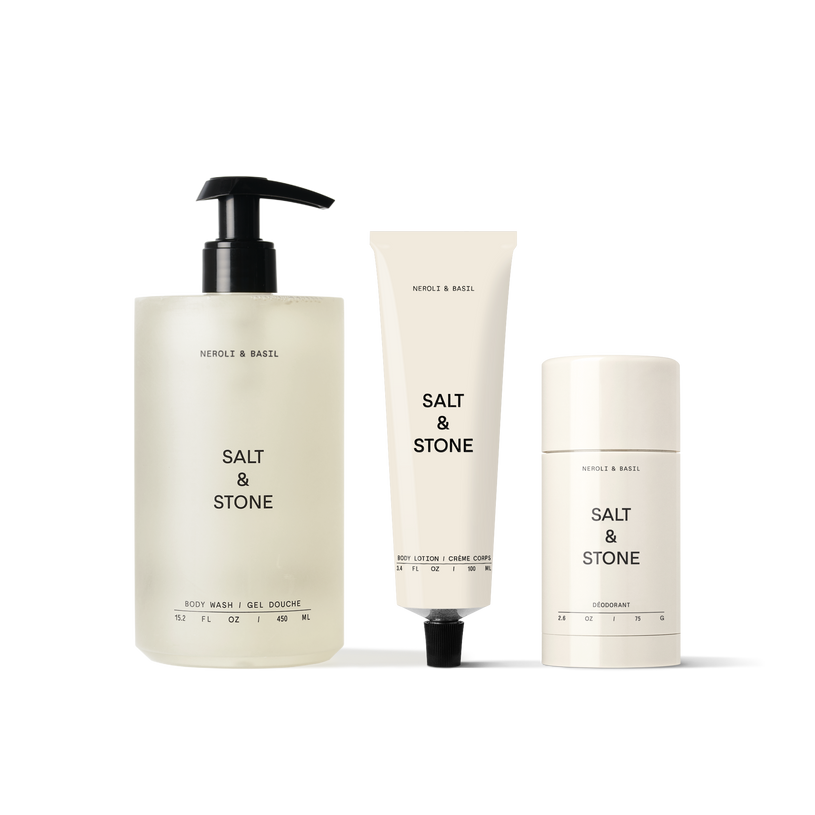 Salt & Stone's Neroli & Basil Set, including Body Wash, Body Lotion & Aluminum-Free Deodorant.