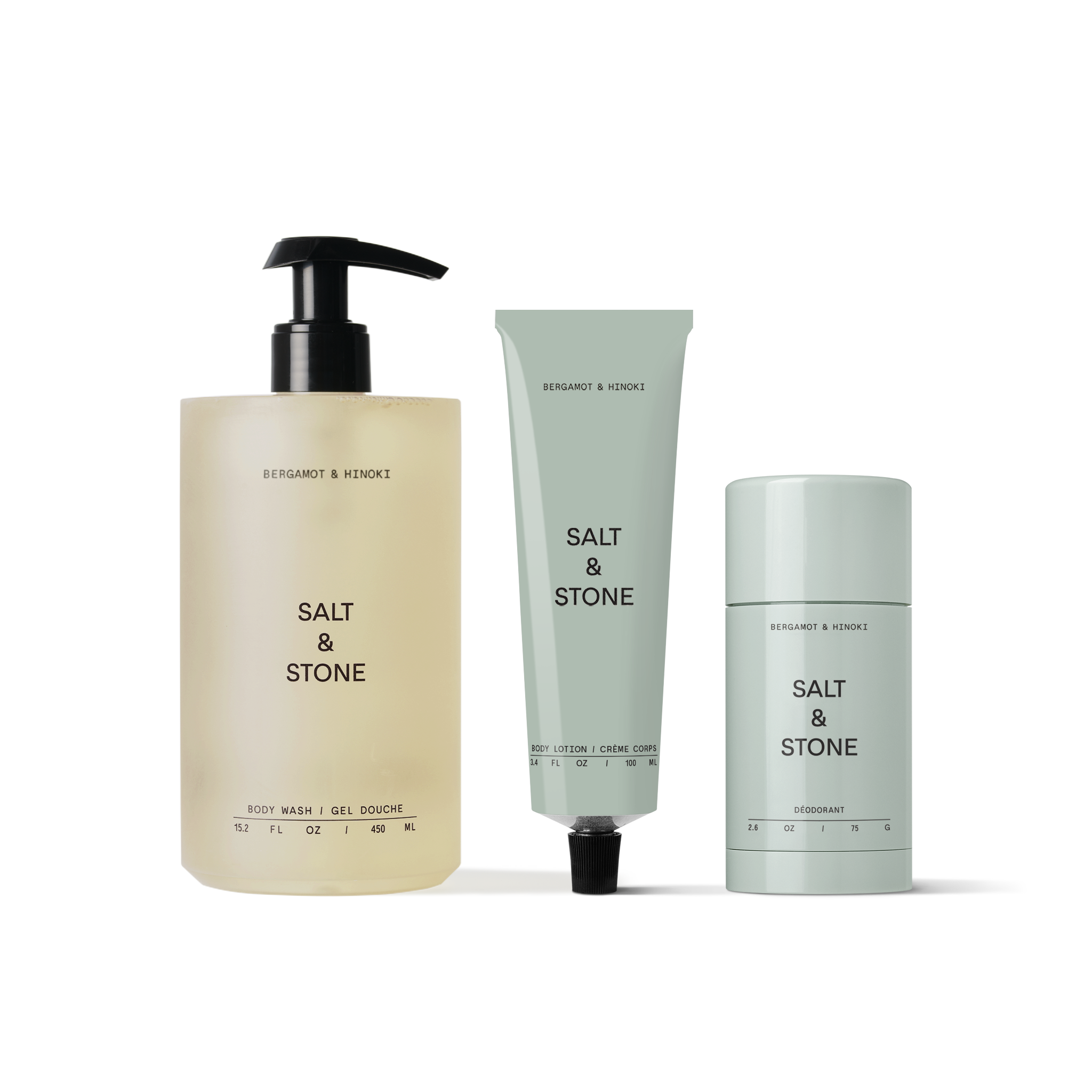 Salt & Stone's Bergamot & Hinoki Set including aluminum-free deodorant, body wash & body lotion.