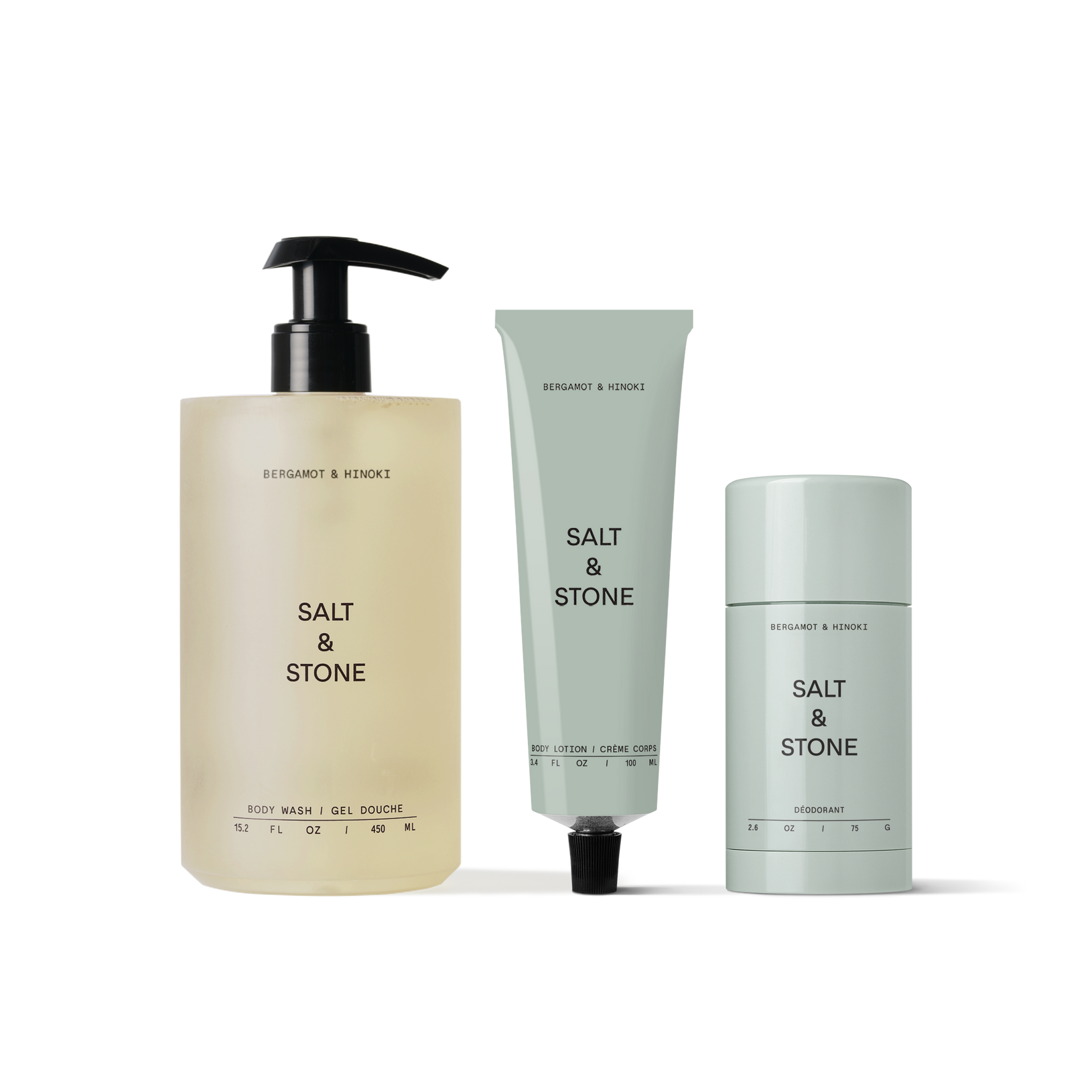 Salt & Stone's Bergamot & Hinoki Set including aluminum-free deodorant, body wash & body lotion.
