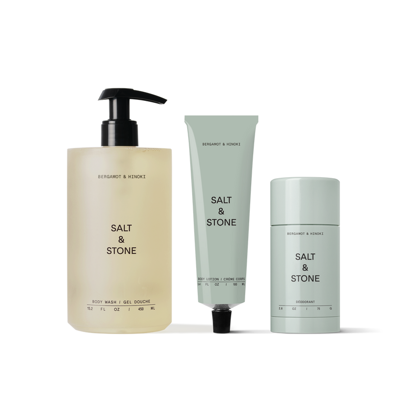 Salt & Stone's Bergamot & Hinoki Set including aluminum-free deodorant, body wash & body lotion.