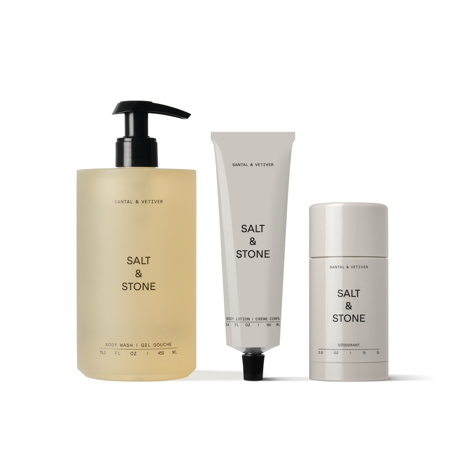 Salt & Stone's Santal & Vetiver Set, including aluminum-free deodorant, body wash, & body lotion