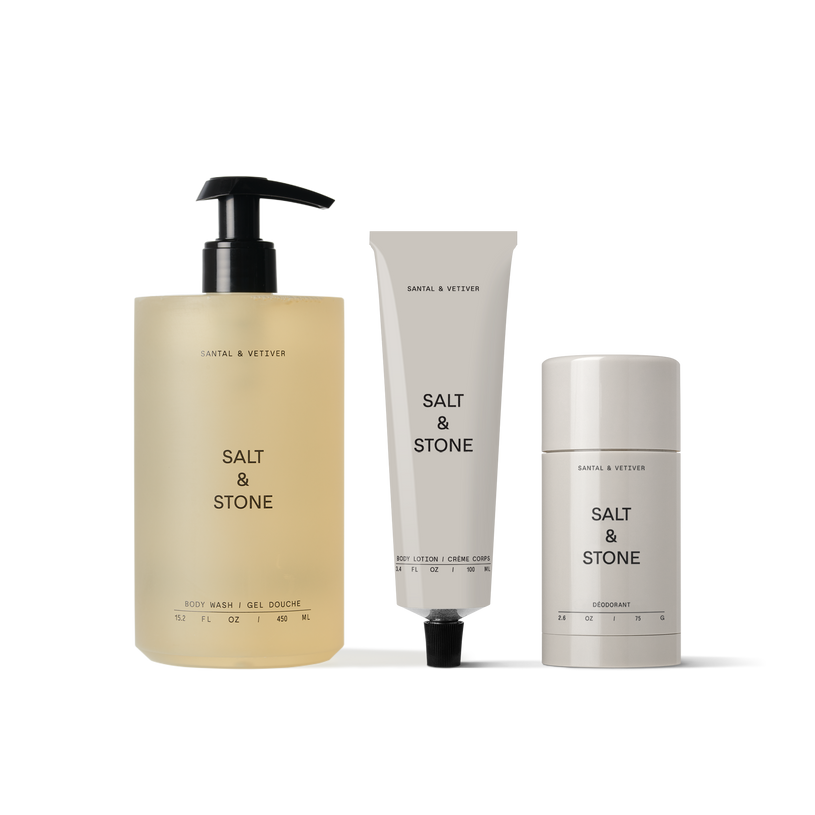 Salt & Stone's Santal & Vetiver Set, including aluminum-free deodorant, body wash, & body lotion